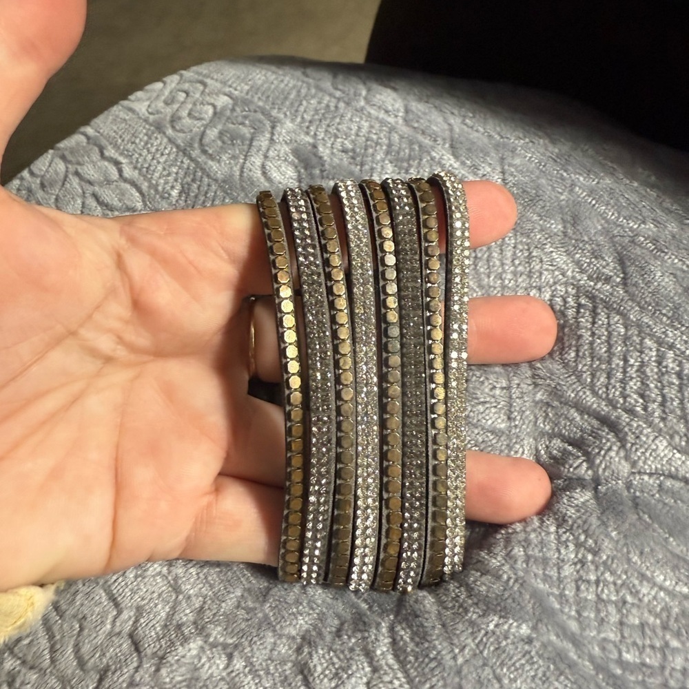 Stacked Boho Bracelet - gray, silver & gold. Adjustable band